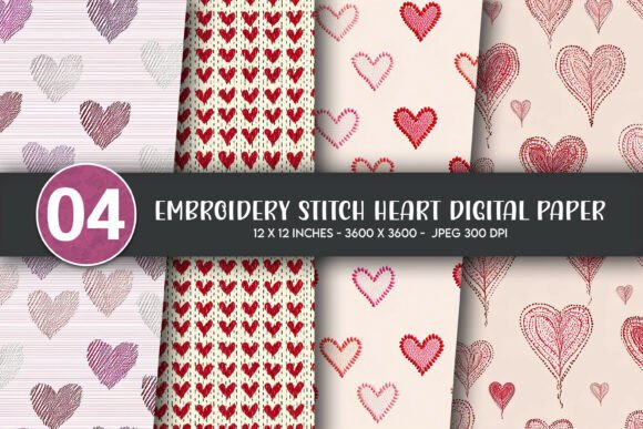 Embroidery Stitch Heart Digital Paper