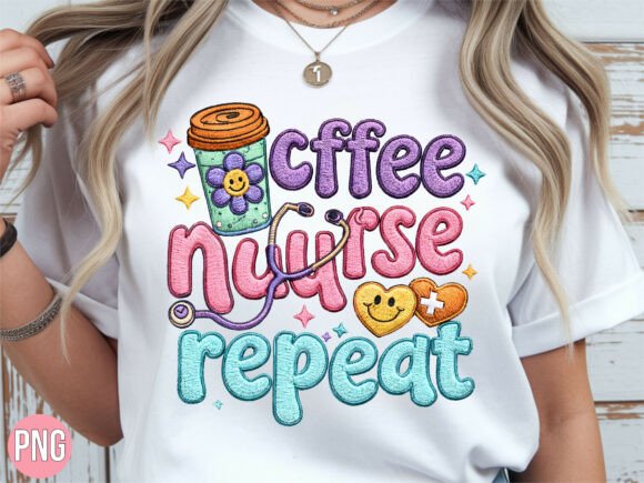 Faux Embroidery Coffee Nurse Repeat PNG