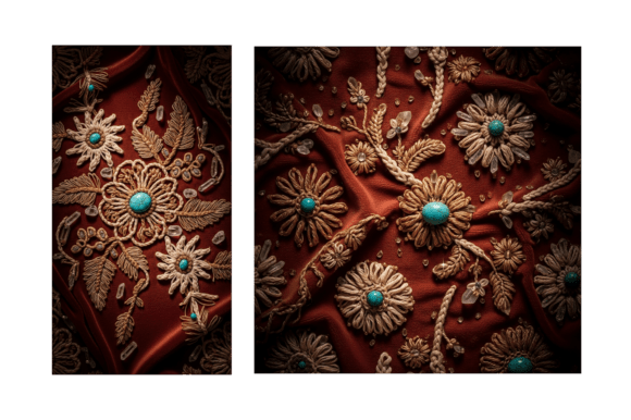 Ornate Gold Turquoise Flower Embroidery Background