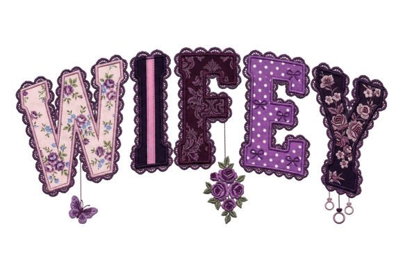 Wifey Purple Lace Floral Embroidery PNG